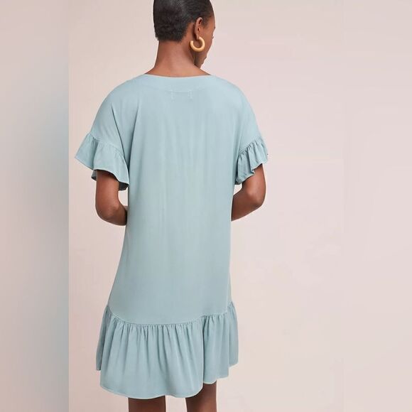 MICHAEL STARS ANTHROPOLOGIE- Ruffled Hem Dress Sea Foam Lace Up Shift, Size Lg - Picture 5 of 12
